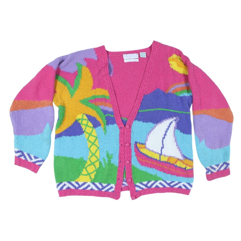 Vintage 80s 90s cardigan sweater sailboat palm tree tropical rainbow sunset sz L